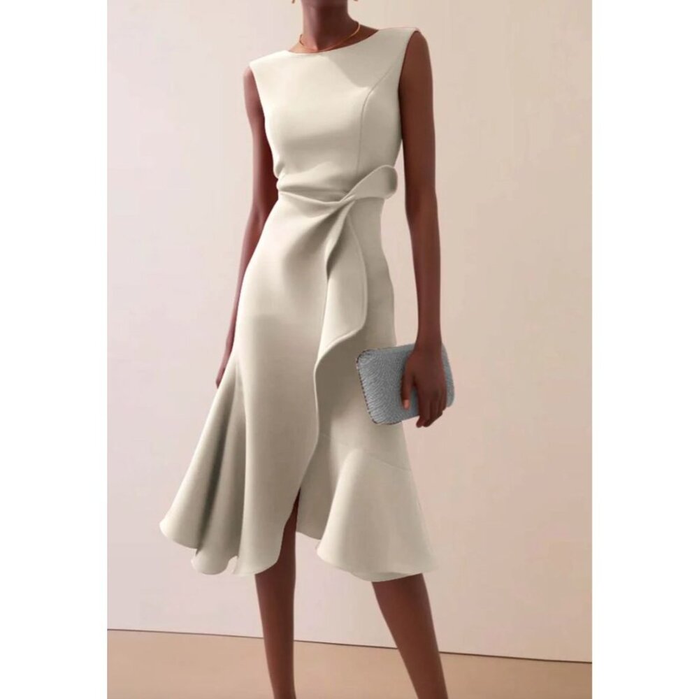 NEW Fehaute Womens US 8 Sleeveless Faux Wrap Midi Dress Ruffle Hem‎ Beige